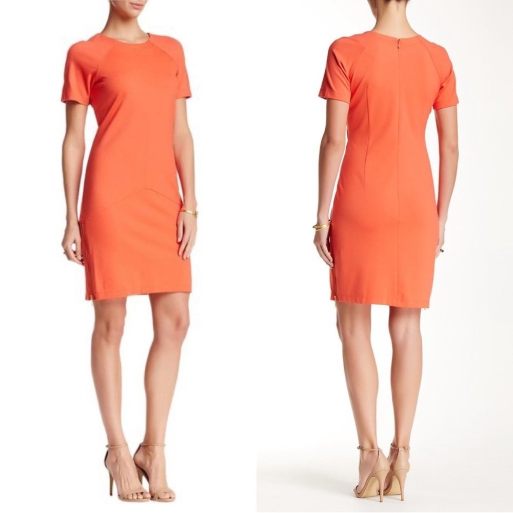 NWOT Sharagano Coral Short Sleeve Ponte Zip Dress Size 12